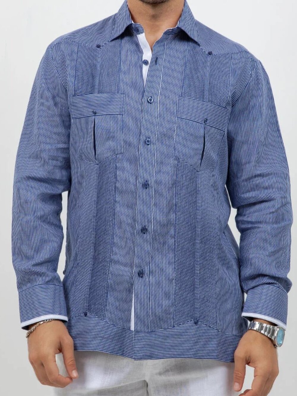 Mojito Collection Men's Navy 100% Linen Long Sleeve Guayabera Shirt M-2X